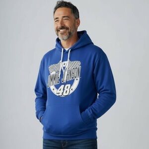 Jimmy Johnson #48 NASCAR Hoodie Men’s Sz M Blue Pullover Sweatshirt Racing Flags